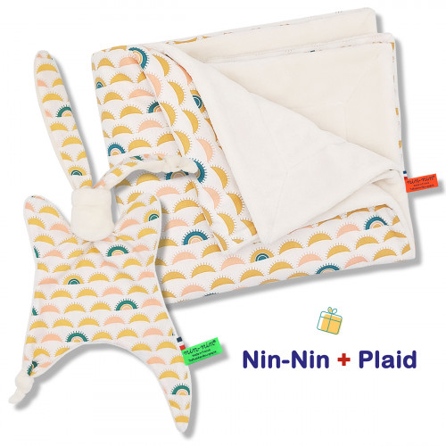 Coffret de naissance doudou et plaid Namasté. Original et fabriqué en France. Doudou Nin-Nin