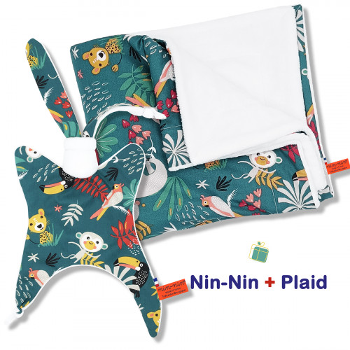 Coffret de naissance doudou et plaid Tropical. Original et fabriqué en France. Doudou Nin-Nin