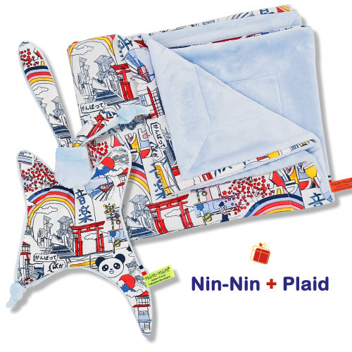 Coffret de naissance doudou et plaid Tokyo. Original et fabriqué en France. Doudou Nin-Nin