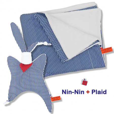 Coffret de naissance doudou et plaid Marinière. Original et fabriqué en France. Doudou Nin-Nin