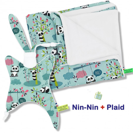 Coffret de naissance doudou et plaid Panda. Original et fabriqué en France. Doudou Nin-Nin