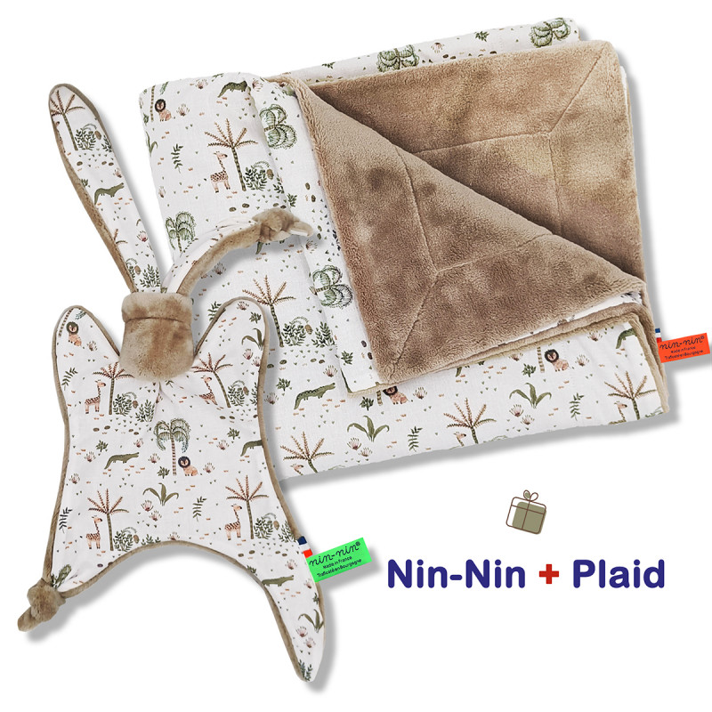 Coffret de naissance doudou et plaid Jacala. Original et fabriqué en France. Doudou Nin-Nin