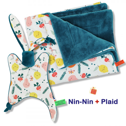 Coffret de naissance doudou et plaid Veggie. Original et fabriqué en France. Doudou Nin-Nin