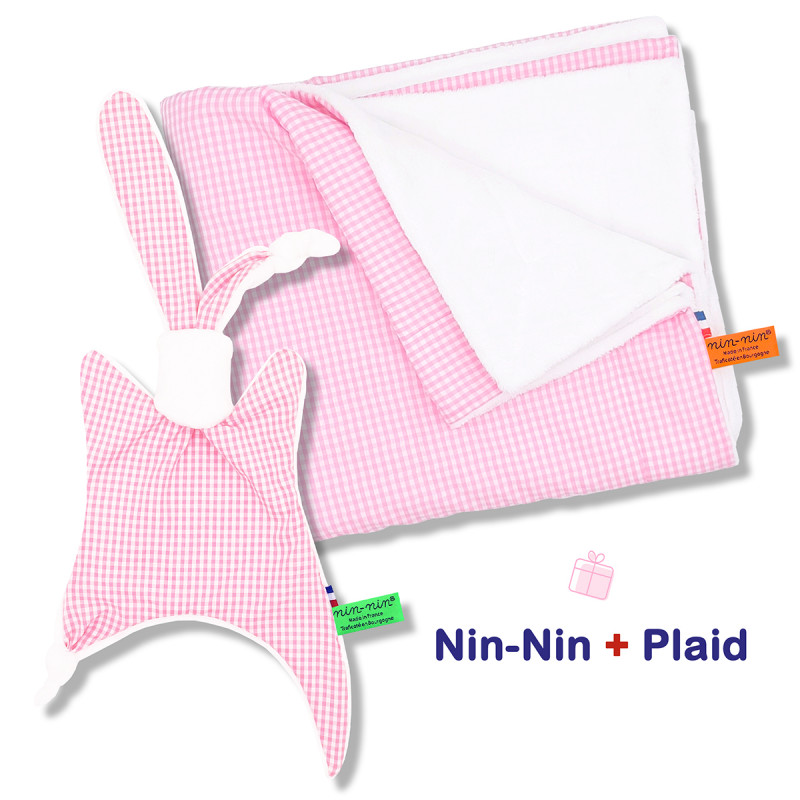 Coffret de naissance doudou et plaid Vichy Rose. Original et fabriqué en France. Doudou Nin-Nin