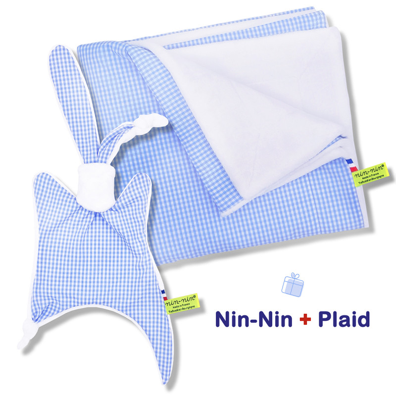 Coffret de naissance doudou et plaid Vichy Bleu. Original et fabriqué en France. Doudou Nin-Nin Coffret de naissance doudou et plaid Vichy Bleu. Original et fabriqué en France. Doudou Nin-Nin