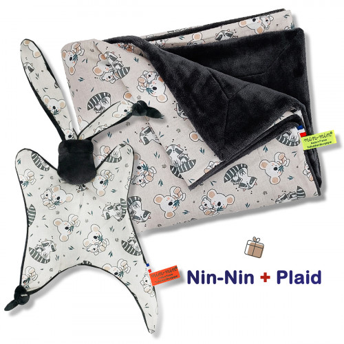 Coffret de naissance doudou et plaid Raccoon. Original et fabriqué en France. Doudou Nin-Nin