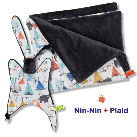 Coffret de naissance doudou et plaid Tipi. Original et fabriqué en France. Doudou Nin-Nin