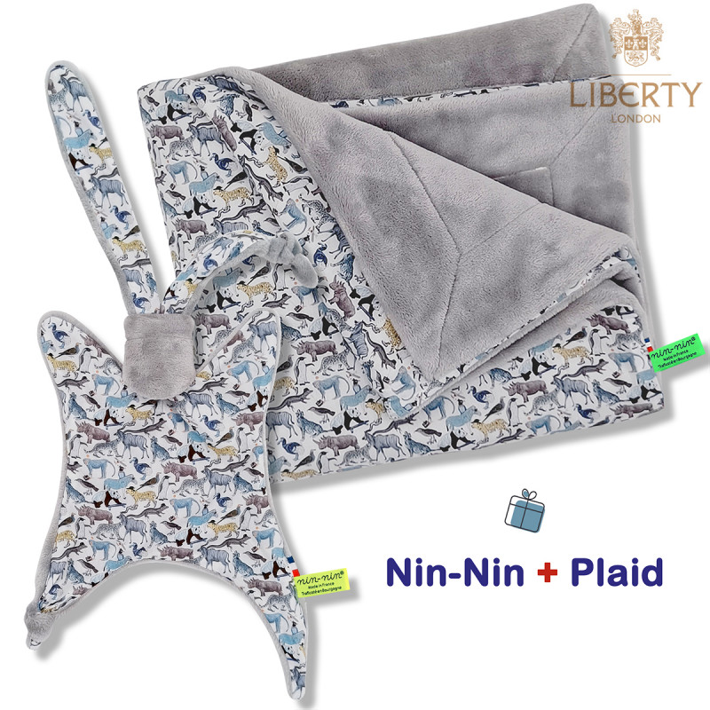 Coffret de naissance doudou et plaid Noah. Original et fabriqué en France. Doudou Nin-Nin