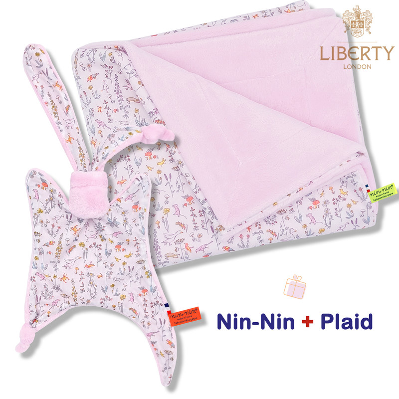 Coffret de naissance doudou et plaid Pink Barn. Original et fabriqué en France. Doudou Nin-Nin