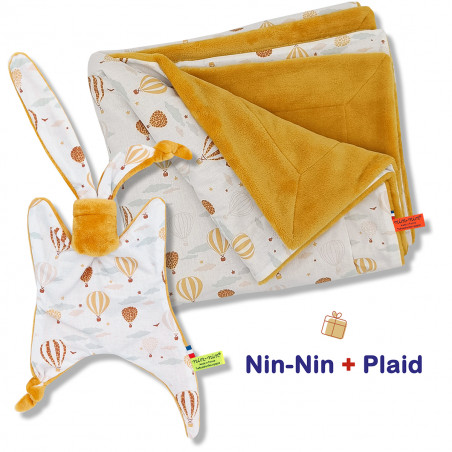 Coffret de naissance doudou et plaid Montgolfière. Original et fabriqué en France. Doudou Nin-Nin