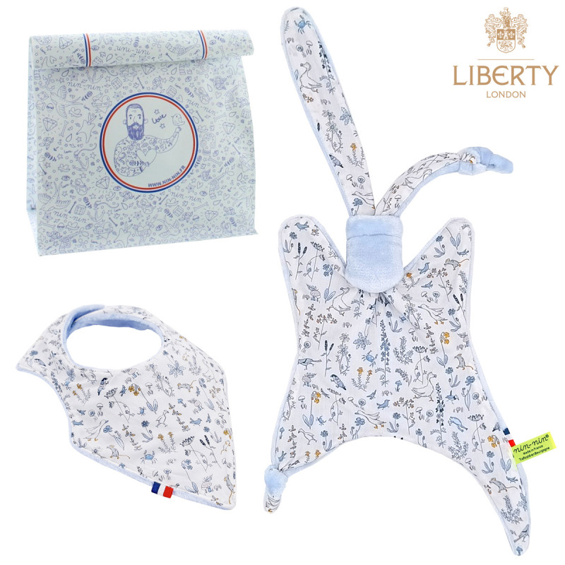 Coffret de naissance doudou et bavoir Blue Barn. Original et fabriqué en France. Marque Nin-Nin