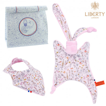 Coffret de naissance doudou et bavoir Pink Barn. Original et fabriqué en France. Marque Nin-Nin