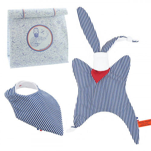 Coffret de naissance doudou et bavoir marinière. Fabrication Française