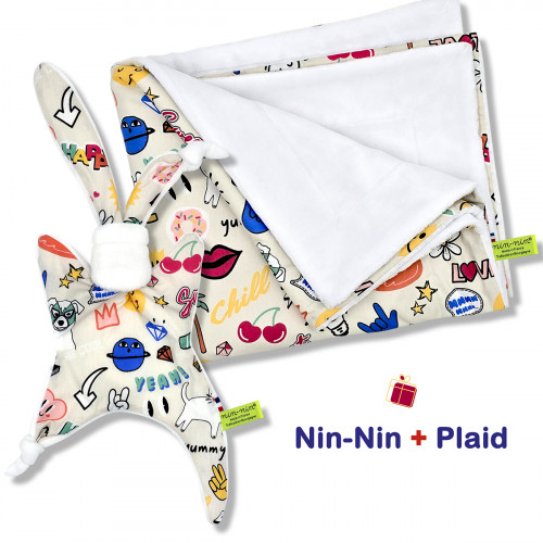 Coffret de naissance doudou et plaid. Original et fabriqué en France. Doudou Nin-Nin