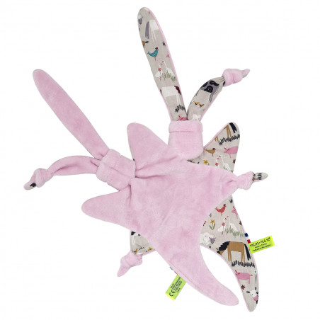 Vue de dos doudou Le Farmer. Cadeau de naissance personnalisé et made in France. Doudou Nin-Nin