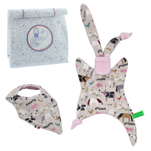 Coffret de naissance doudou et bavoir. Original et fabriqué en France. Marque Nin-Nin
