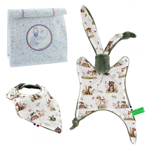 Coffret de naissance doudou et bavoir. Original et fabriqué en France. Marque Nin-Nin