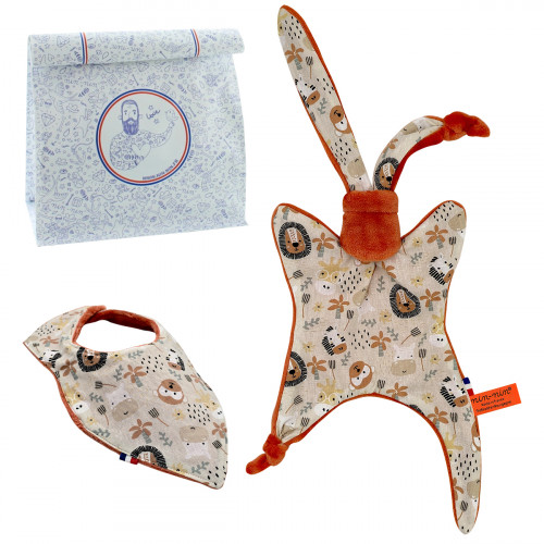 Coffret de naissance doudou et bavoir. Original et fabriqué en France. Marque Nin-Nin