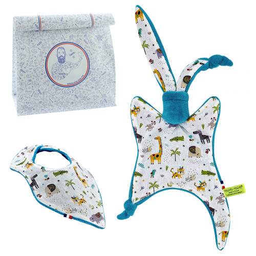 Coffret de naissance doudou et bavoir. Original et fabriqué en France. Marque Nin-Nin