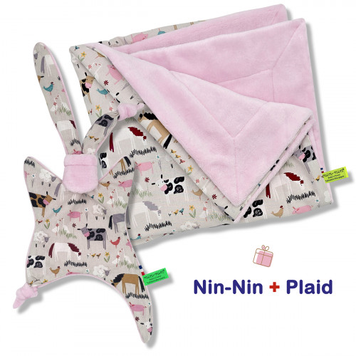 Coffret de naissance doudou et plaid. Original et fabriqué en France. Doudou Nin-Nin