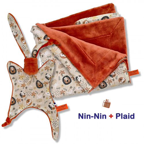 Coffret de naissance doudou et plaid. Original et fabriqué en France. Doudou Nin-Nin