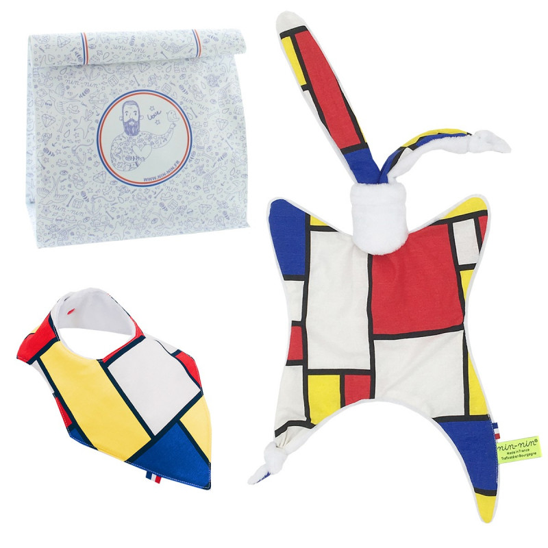 Coffret de naissance doudou et bavoir Mondrian Coffret de naissance doudou et bavoir Mondrian