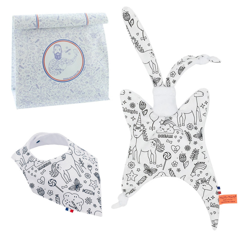 Coffret de naissance doudou et bavoir Licorne et Papillon