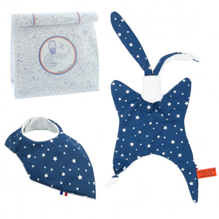 Coffret de naissance doudou et bavoir L'indigo. Original et fabriqué en France