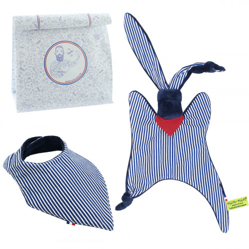 Coffret de naissance doudou et bavoir Jean Paul Gaultier. Original et fabriqué en France. Marque Nin-Nin