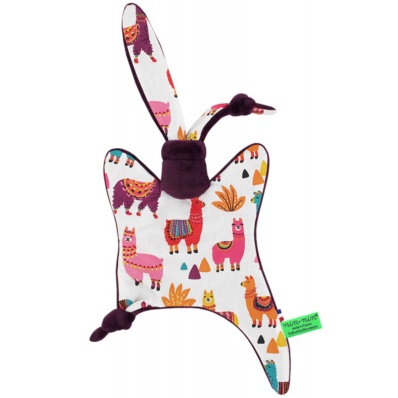 Doudou Péruvien représentant de jolis lamas multicolores. Cadeau personnalisable et made in France. Marque Nin-Nin Doudou Péruvien représentant de jolis lamas multicolores. Cadeau personnalisable et made in France. Marque Nin-Nin