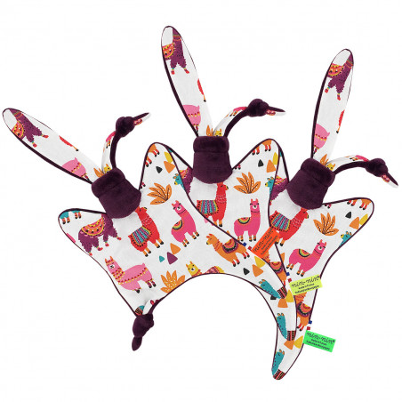 Doudou étiquettes Péruvien représentant de jolis lamas multicolores. Cadeau personnalisable et made in France. Marque Nin-Nin