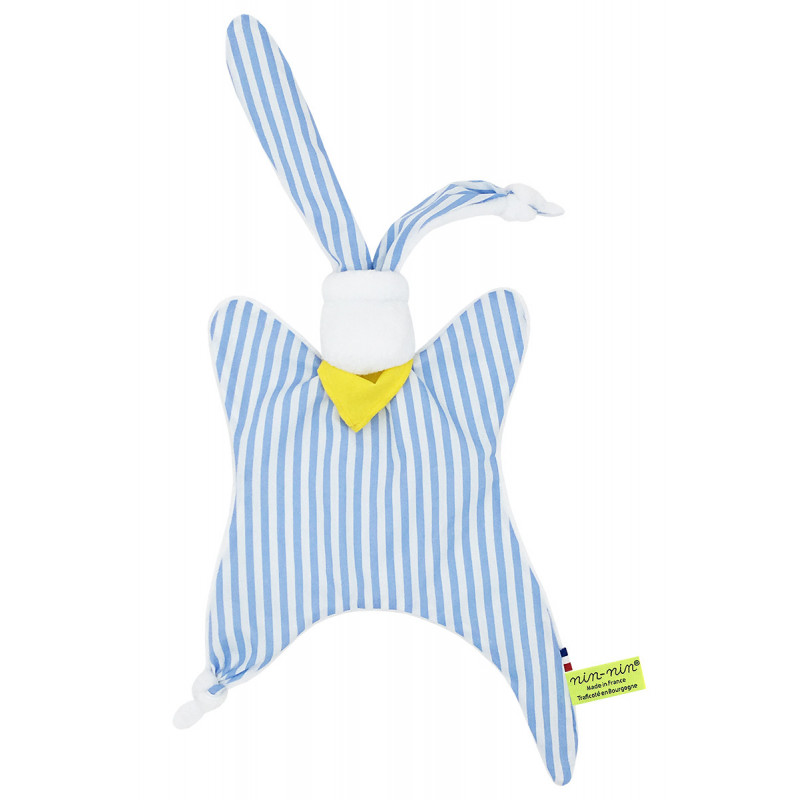 Doudou Le Marin Pêcheur à rayures bleues claires et blanches. Cadeau personnalisable et made in France. Marque Nin-Nin Doudou Le Marin Pêcheur à rayures bleues claires et blanches. Cadeau personnalisable et made in France. Marque Nin-Nin