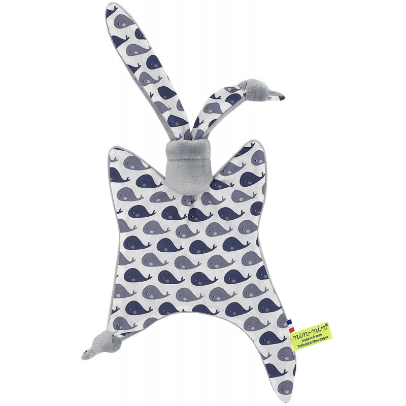 Doudou baleines grises. Cadeau de naissance personnalisable et made in France. Marque Nin-Nin Doudou baleines grises. Cadeau de naissance personnalisable et made in France. Marque Nin-Nin