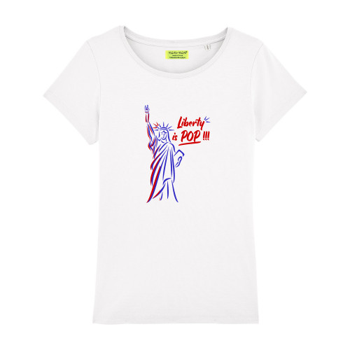 T-shirt blanc pour femme brodé Statue de la liberté. Fabrication Française