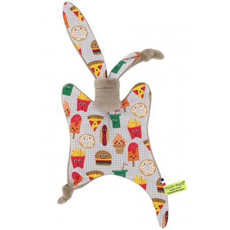 Doudou plat Le Junk Food personnalisable. Cadeau de naissance original et made in France. Nin-Nin