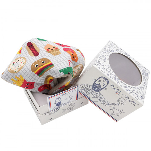 Packaging doudou plat Le Junk Food personnalisable. Cadeau de naissance original et made in France. Nin-Nin