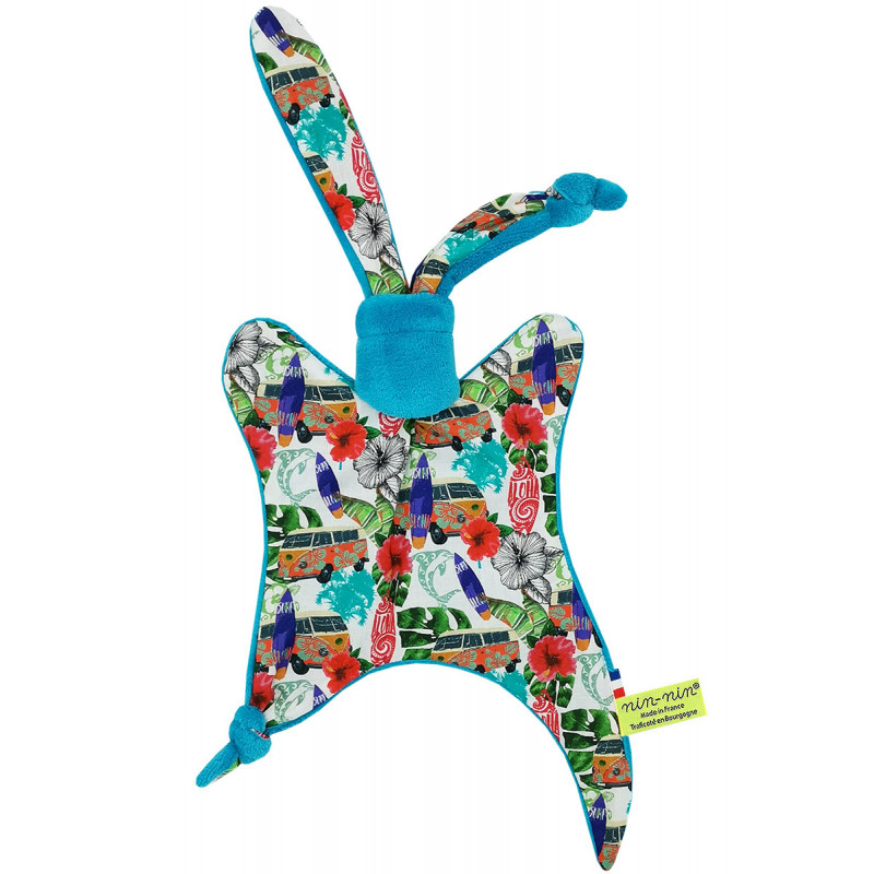 Doudou Hawaï motif surf et combi van. Cadeau de naissance personnalisé et made in France. Doudou Nin-Nin