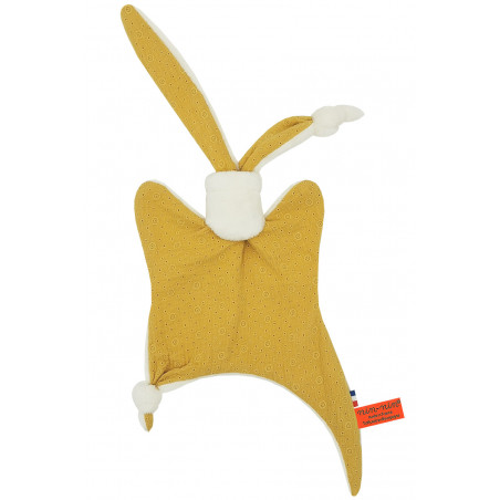 Doudou Le Gordes. Tissu jaune brodé et ajouré. Cadeau de naissance personnalisé et made in France. Doudou Nin-Nin