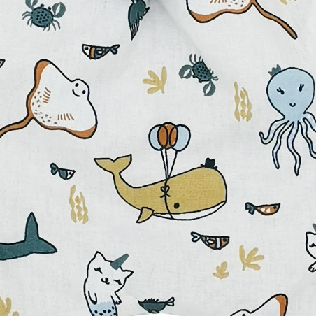 Tissu doudou pieuvre, raie, dauphin, baleine, crabe. Cadeau de naissance personnalisé et made in France. Doudou Nin-Nin