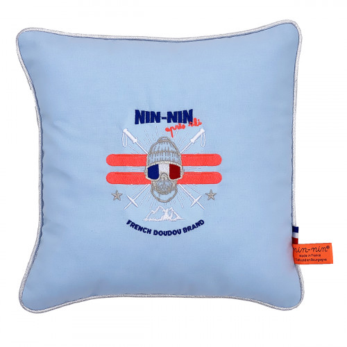 Coussin "Après Ski". Cadeau de naissance original personnalisable et made in France. Nin-Nin