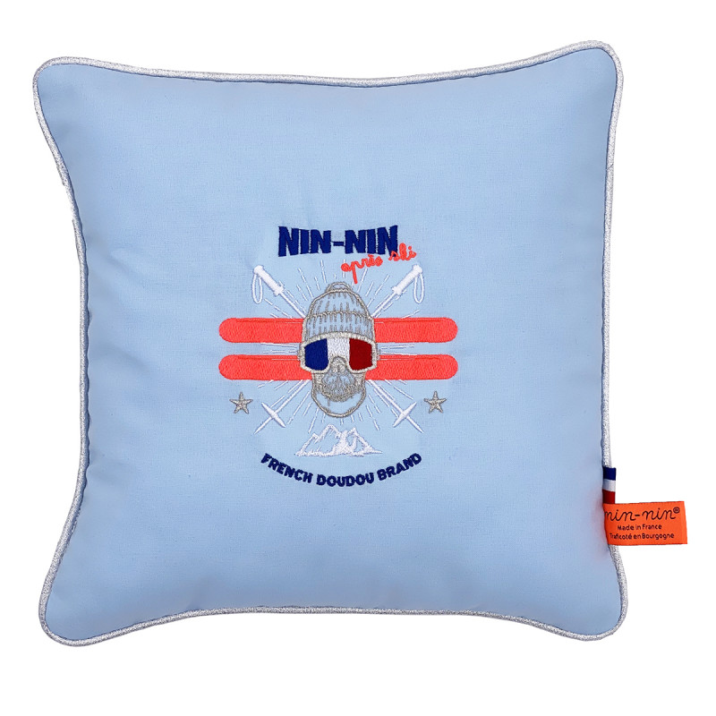 Coussin "Après Ski". Cadeau de naissance original personnalisable et made in France. Nin-Nin