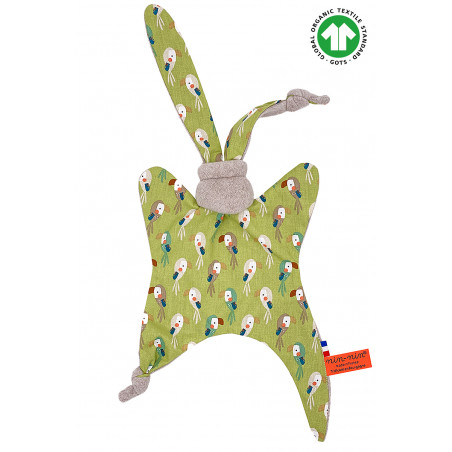 Doudou Bio Le Perroquet. Cadeau de naissance GOTS, original et made in France. Nin-Nin