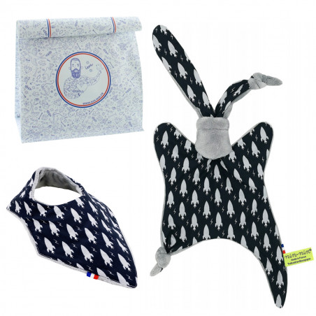 Coffret de naissance doudou et bavoir Ariane. Original et fabriqué en France. Marque Nin-Nin