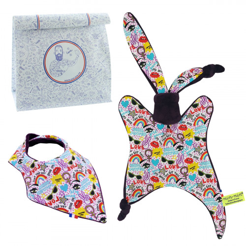 Coffret de naissance doudou et bavoir Girl Power. Original et fabriqué en France. Marque Nin-Nin