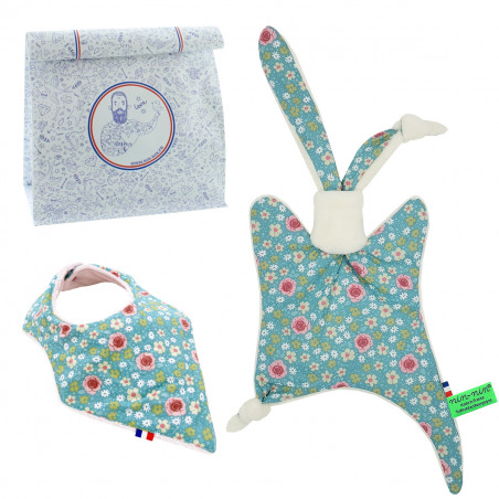 Coffret de naissance doudou et bavoir Joséphine. Original et fabriqué en France. Marque Nin-Nin