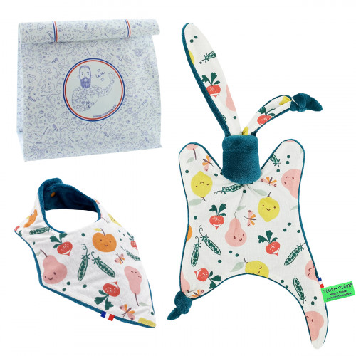 Coffret de naissance doudou et bavoir Veggie. Original et fabriqué en France. Marque Nin-Nin