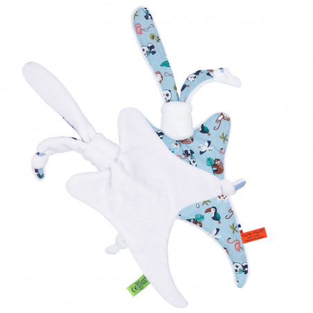 Vue de dos doudou L'Explorateur Blanc. Cadeau de naissance personnalisé et made in France. Doudou Nin-Nin