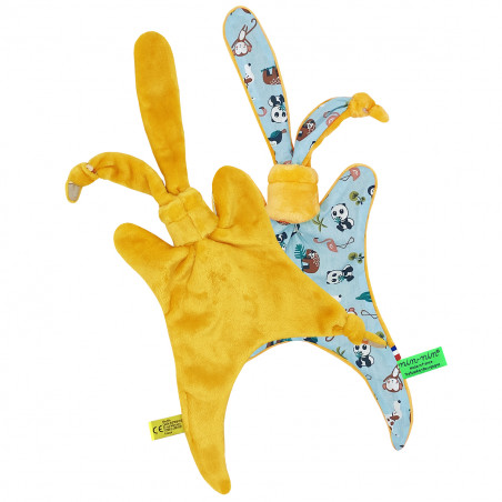 Vue de dos doudou L'Explorateur Curry. Cadeau de naissance personnalisé et made in France. Doudou Nin-Nin