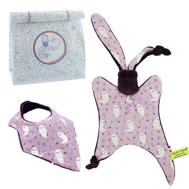 Coffret de naissance doudou et bavoir What The Phoque. Original et fabriqué en France. Marque Nin-Nin Coffret de naissance doudou et bavoir What The Phoque. Original et fabriqué en France. Marque Nin-Nin