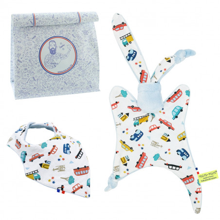 Coffret de naissance doudou et bavoir City. Original et fabriqué en France. Marque Nin-Nin